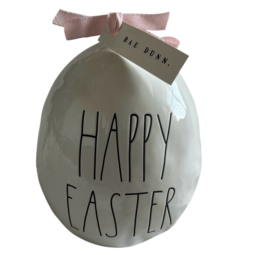 Rae Dunn Ceramic White Easter Egg with Pink Ribbon